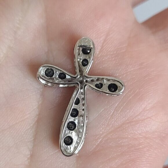 Vintage 10K Luxury White Gold Black White Clear Diamond Crystal Cross Pendant - Picture 9 of 12